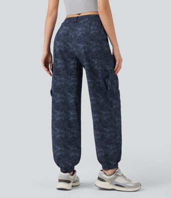 Mid Rise Denim Print Camping Cargo Joggers with Pockets