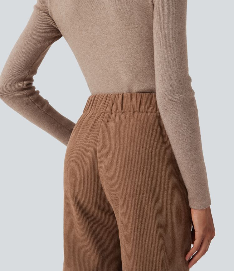 Pantalon ample décontracté velours côtelé taille haute avec poches