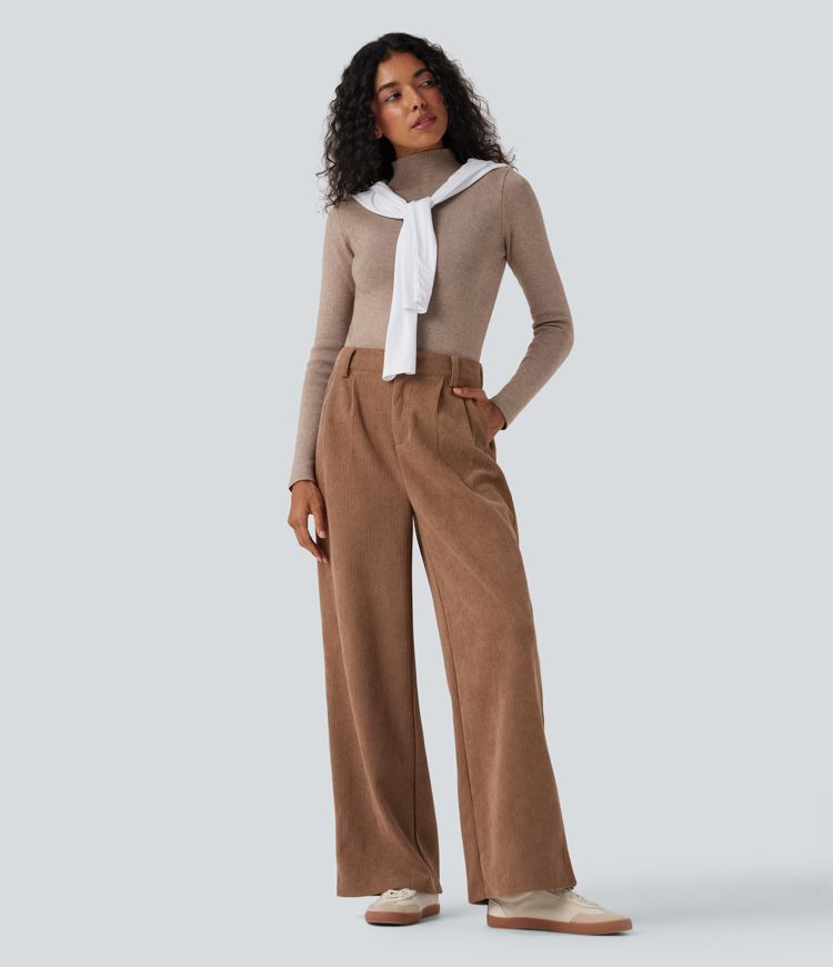 Pantalon ample décontracté velours côtelé taille haute avec poches