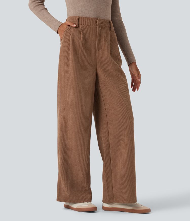 Pantalon ample décontracté velours côtelé taille haute avec poches