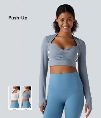 Softlyzero™ Airy - Kurzes Yoga-Sport-Top mit langen Ärmeln, Daumenlöchern und InstantCool - Push-Up