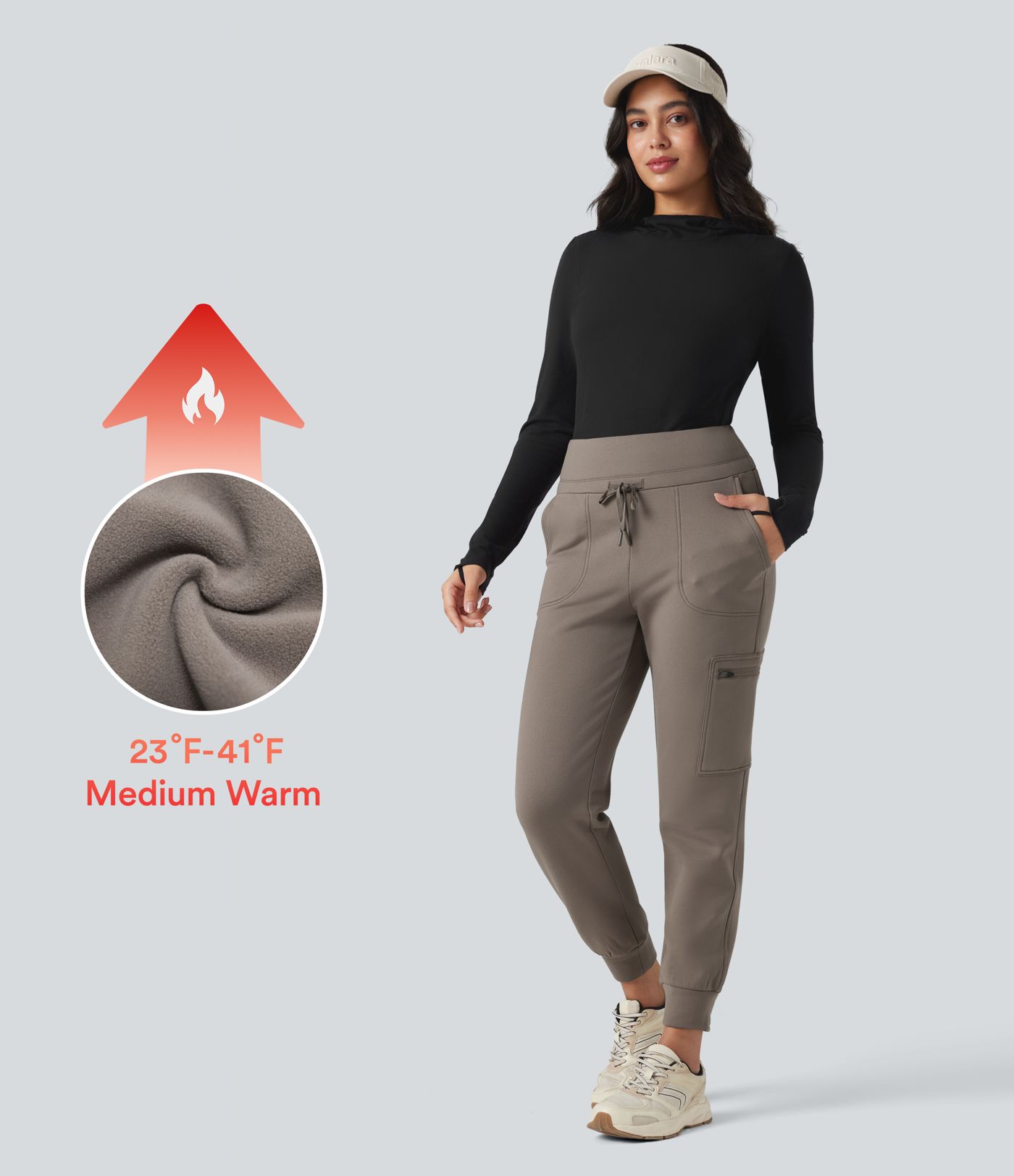 High Waisted Drawstring Tapered Fleece Hiking Joggers with Pockets