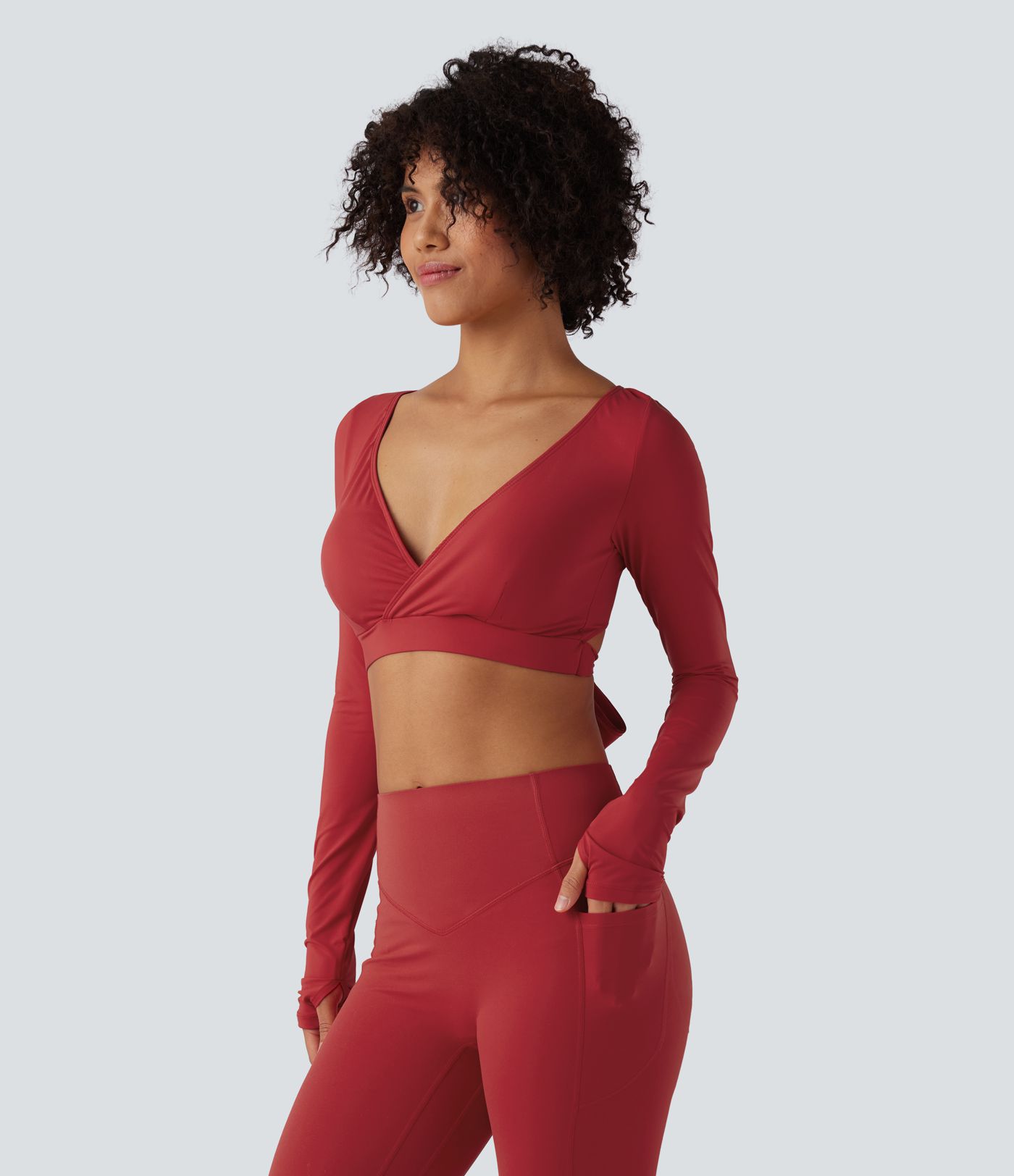 Deep V-neck Long Sleeve Thumb Holes Tie Back Cropped Casual Sports Top