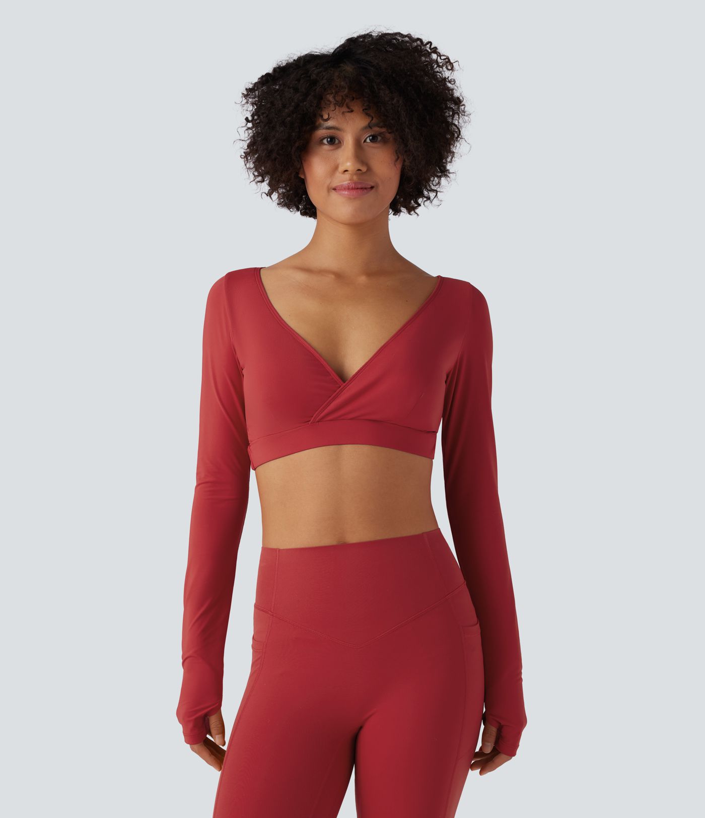 Deep V-neck Long Sleeve Thumb Holes Tie Back Cropped Casual Sports Top