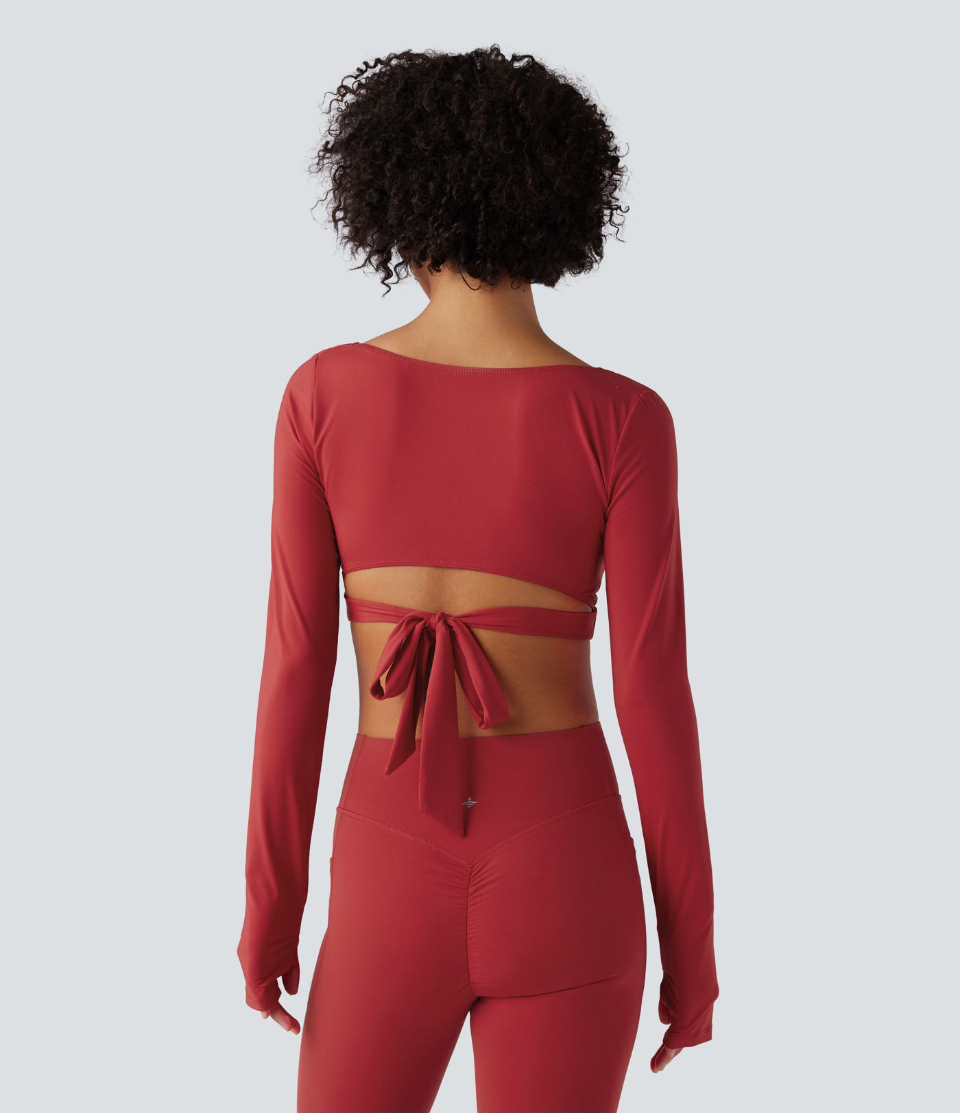 Deep V-neck Long Sleeve Thumb Holes Tie Back Cropped Casual Sports Top