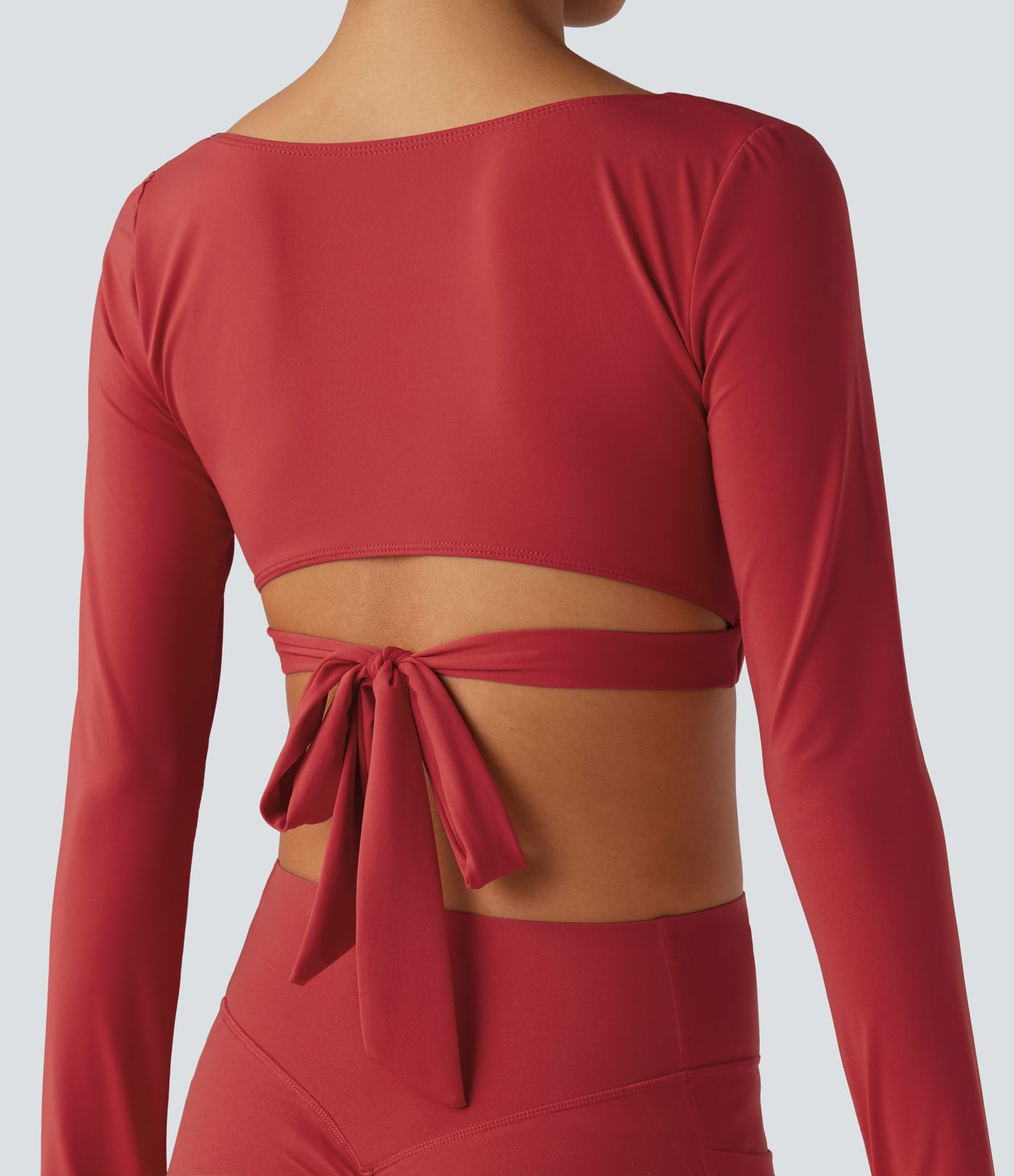 Deep V-neck Long Sleeve Thumb Holes Tie Back Cropped Casual Sports Top