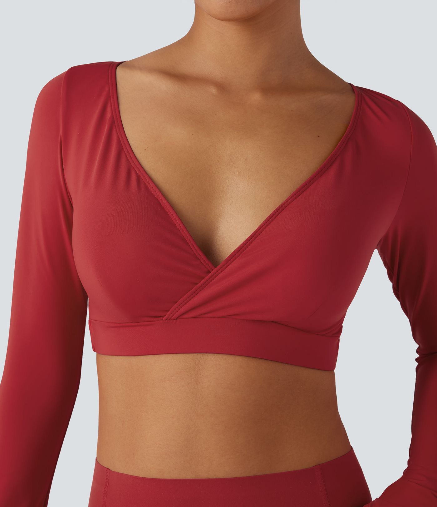 Deep V-neck Long Sleeve Thumb Holes Tie Back Cropped Casual Sports Top