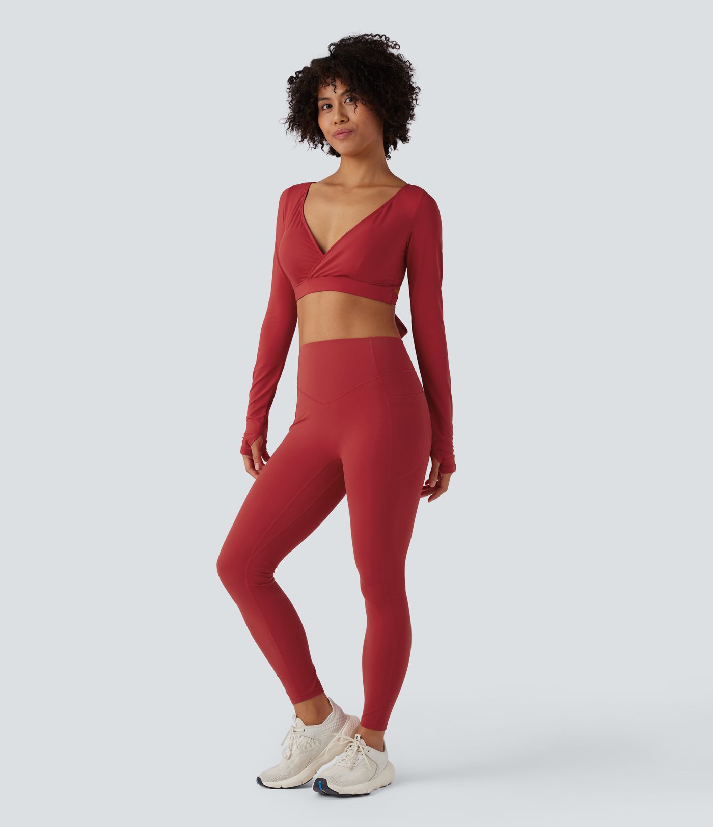 Deep V-neck Long Sleeve Thumb Holes Tie Back Cropped Casual Sports Top