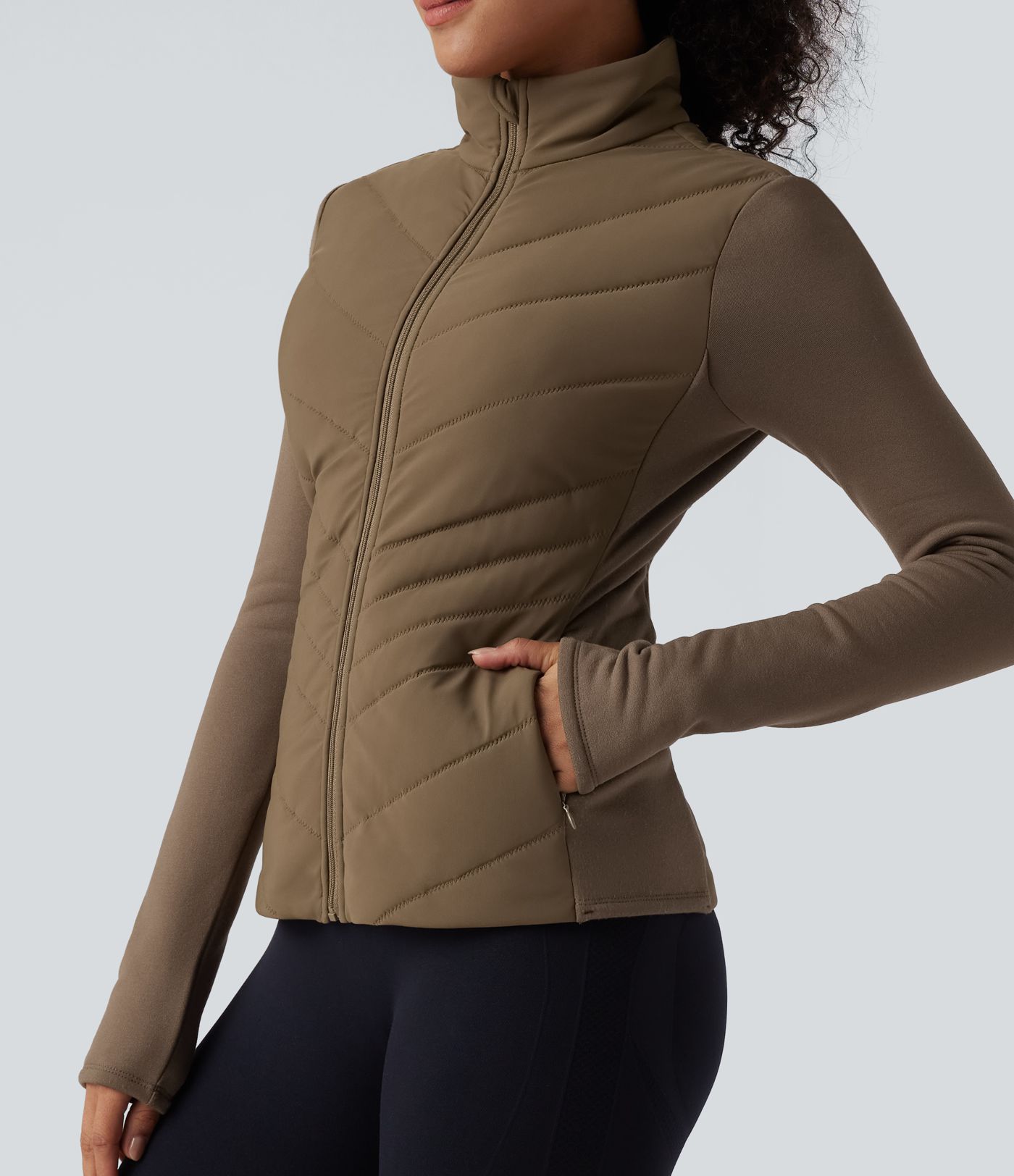 PuffFlex Stand Collar Zipper Long Sleeve Running Quilted Jacket with Pockets