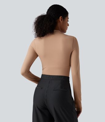 High Stretch Push-Up Long Sleeve Thumb Hole Casual Bodysuit A/B Cup