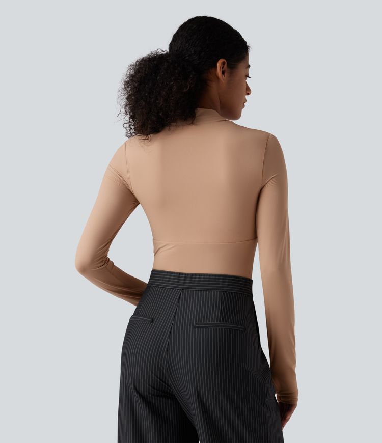 High Stretch Push-Up Long Sleeve Thumb Hole Casual Bodysuit A/B Cup