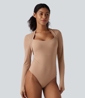 High Stretch Push-Up Long Sleeve Thumb Hole Casual Bodysuit A/B Cup