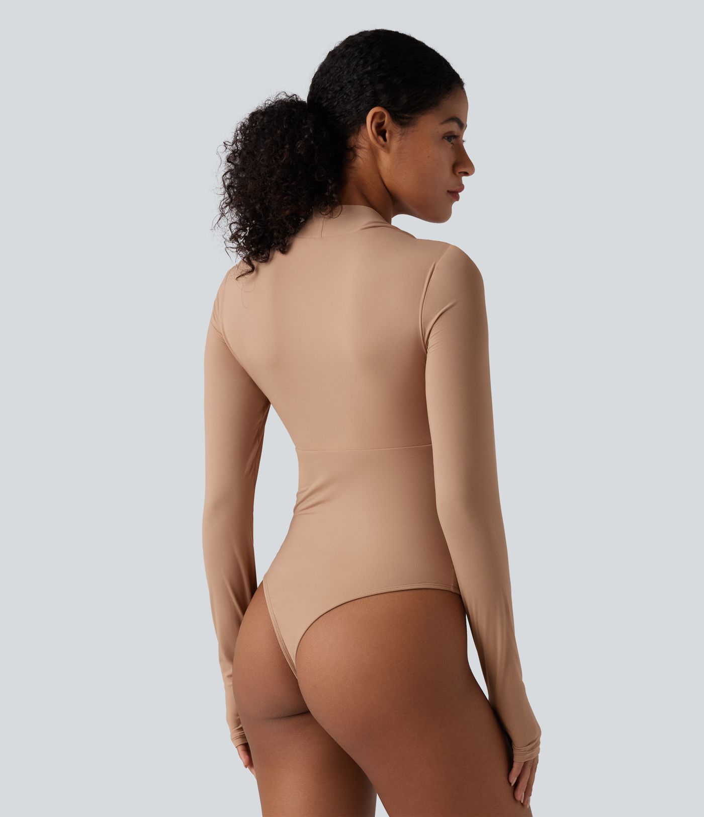 High Stretch Push-Up Long Sleeve Thumb Hole Casual Bodysuit A/B Cup