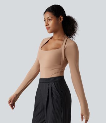 High Stretch Push-Up Long Sleeve Thumb Hole Casual Bodysuit A/B Cup