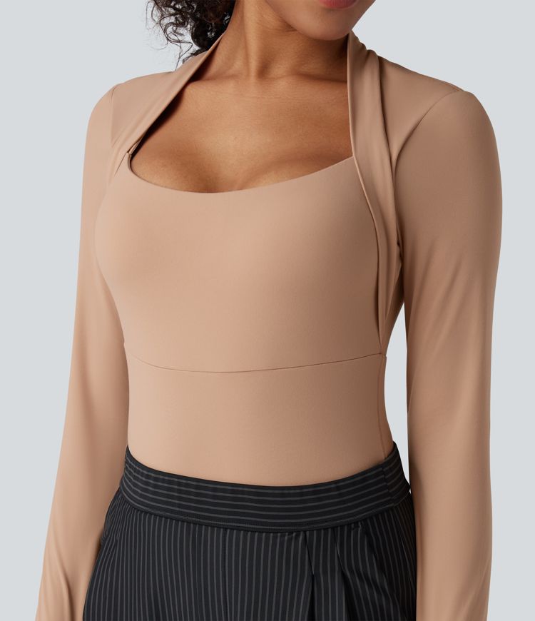 High Stretch Push-Up Long Sleeve Thumb Hole Casual Bodysuit A/B Cup