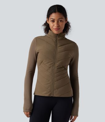 PuffFlex Stand Collar Zipper Long Sleeve Running Quilted Jacket with Pockets