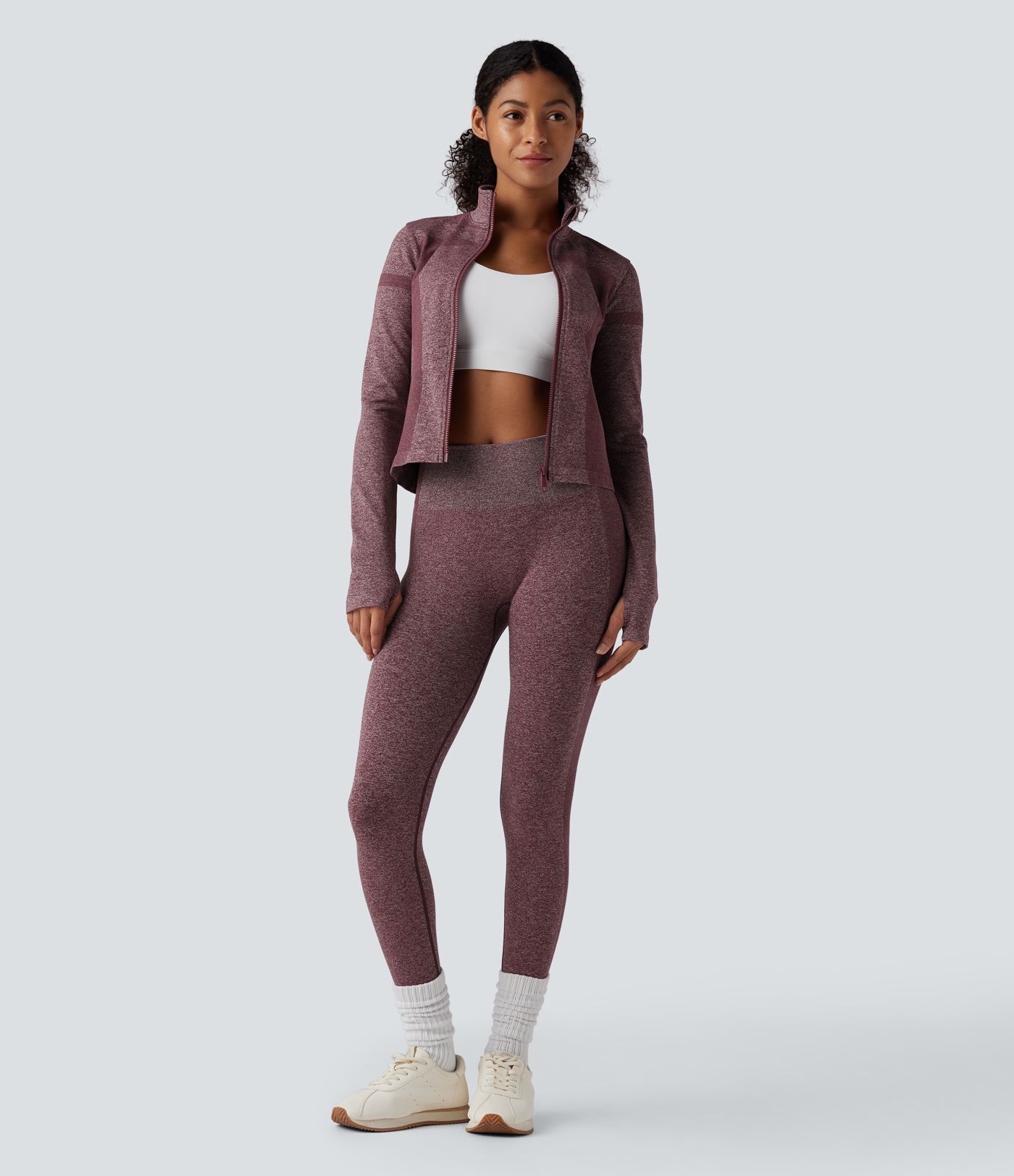 OneForm Seamless Flow Stand Collar Zipper Long Sleeve Thumb Hole Yoga Warming Jacket