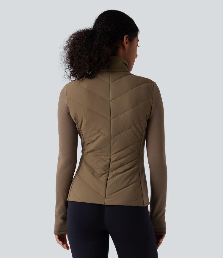 PuffFlex Stand Collar Zipper Long Sleeve Running Quilted Jacket with Pockets