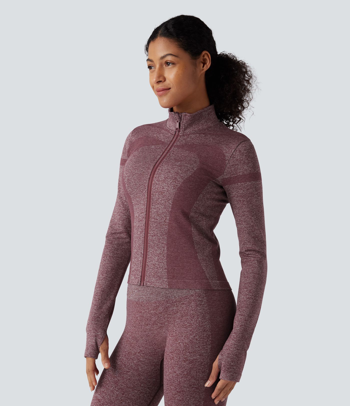 OneForm Seamless Flow Stand Collar Zipper Long Sleeve Thumb Hole Yoga Warming Jacket