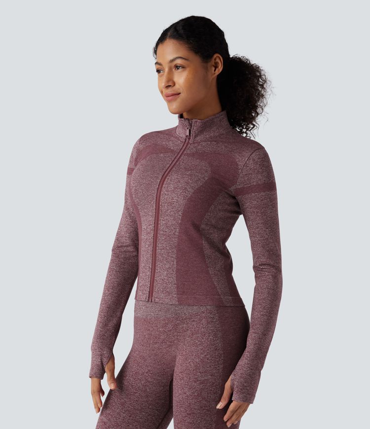 OneForm Seamless Flow Stand Collar Zipper Long Sleeve Thumb Hole Yoga Warming Jacket