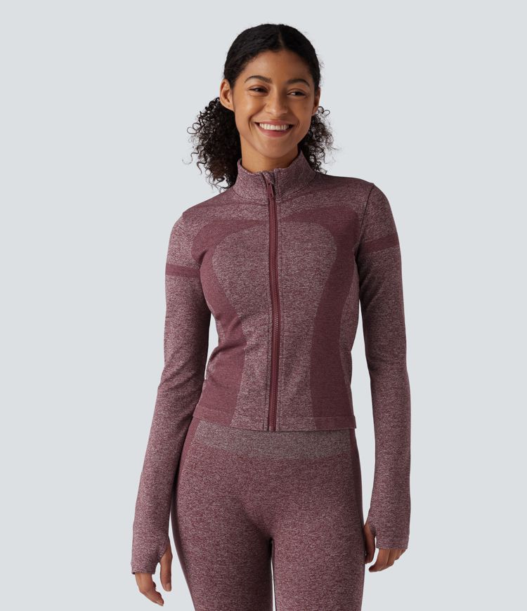 Veste de yoga chauffante OneForm Seamless Flow à col montant, à fermeture éclair, manches longues avec ouverture pour le pouce