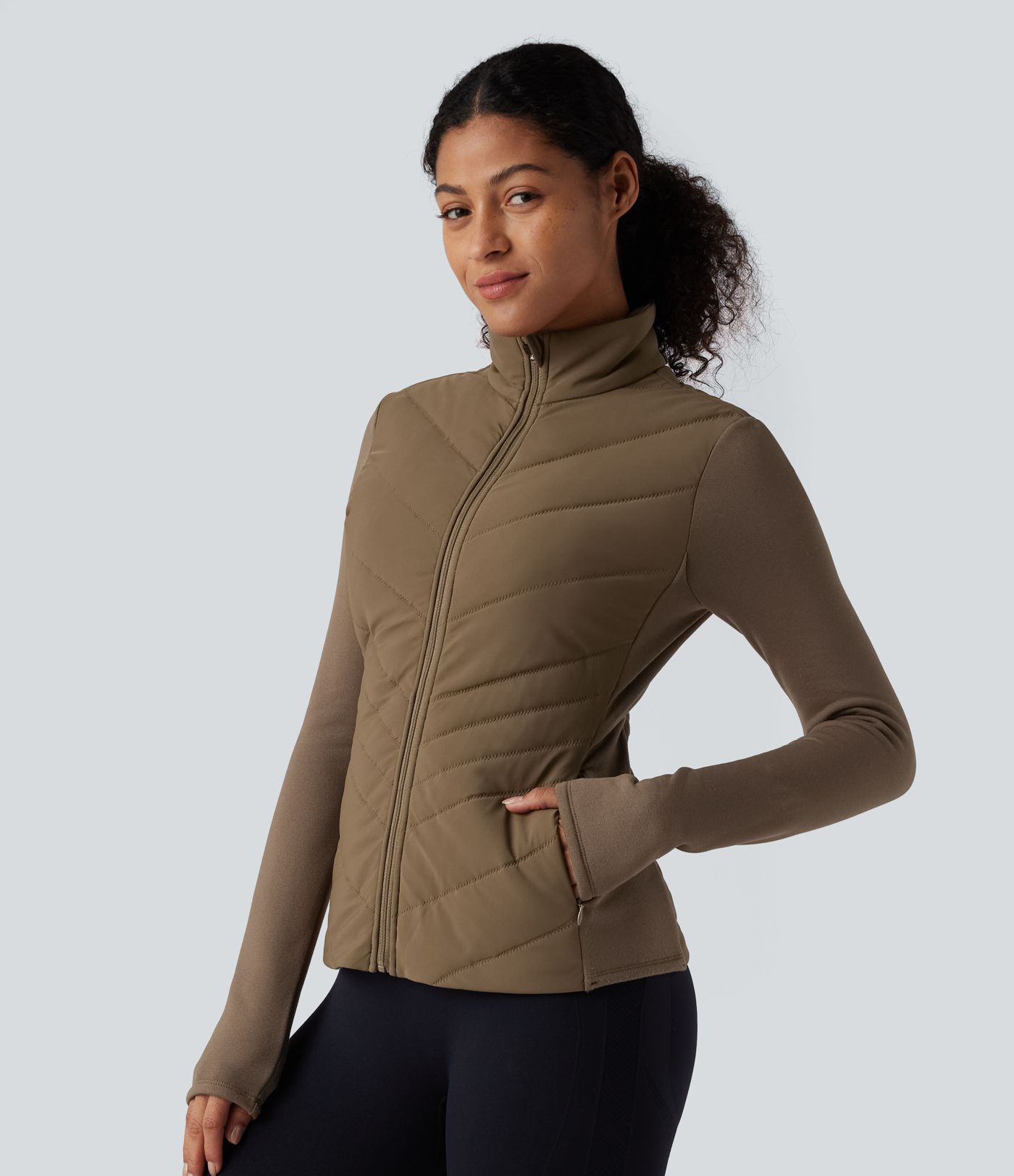 PuffFlex Stand Collar Zipper Long Sleeve Running Quilted Jacket with Pockets