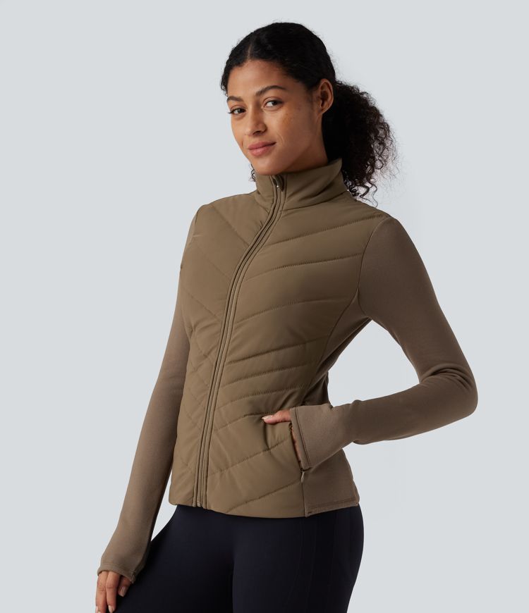 PuffFlex Stand Collar Zipper Long Sleeve Running Quilted Jacket with Pockets