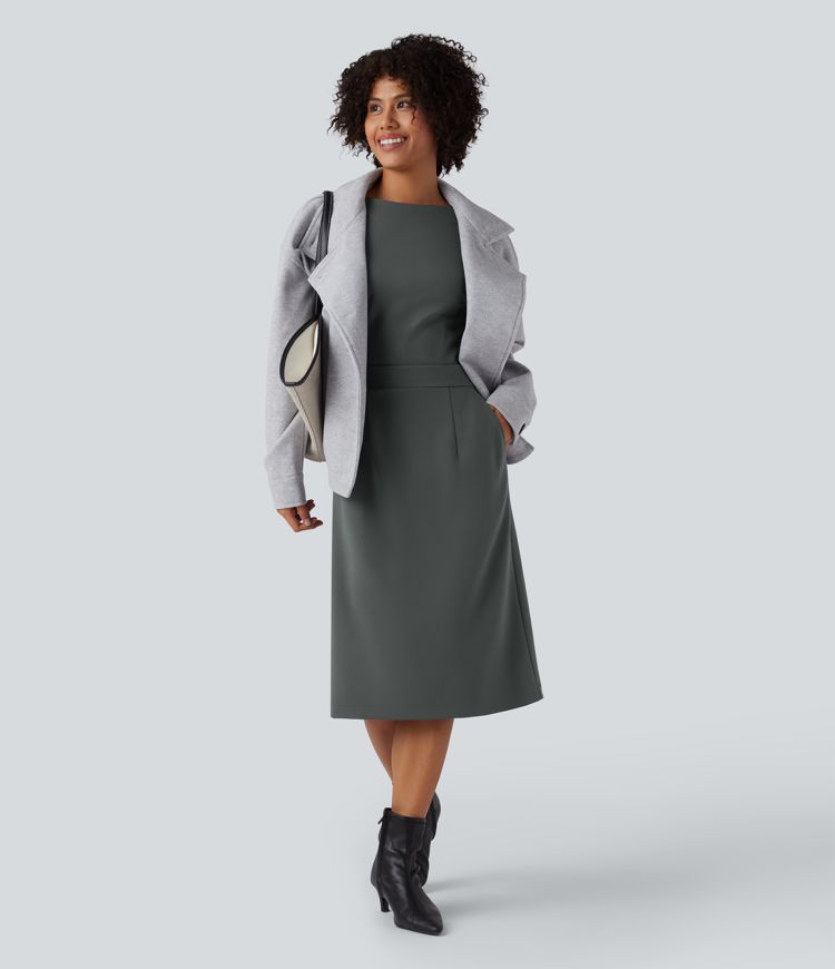 Round Neck Cap Sleeve Midi Work Dress with Pockets
