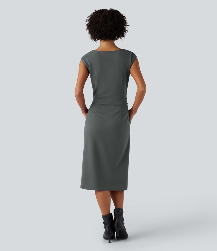 Round Neck Cap Sleeve Midi Work Dress with Pockets
