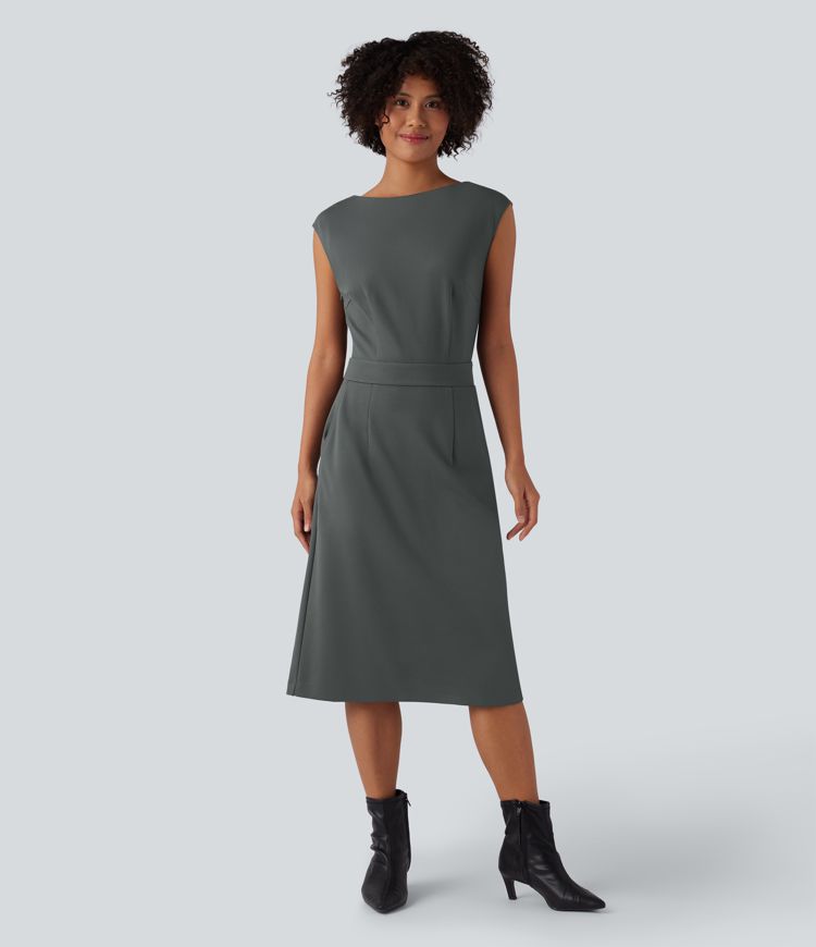 Round Neck Cap Sleeve Midi Work Dress with Pockets