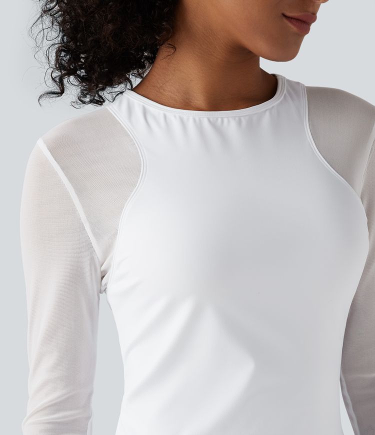 SoftlyZero™ Luchtige yoga- en sporttop met ronde hals, lange mouwen, duimgaten en contrasterend mesh — UPF50+