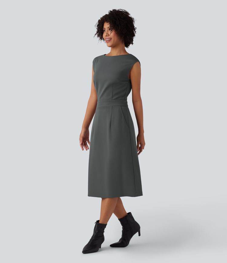 Round Neck Cap Sleeve Midi Work Dress with Pockets