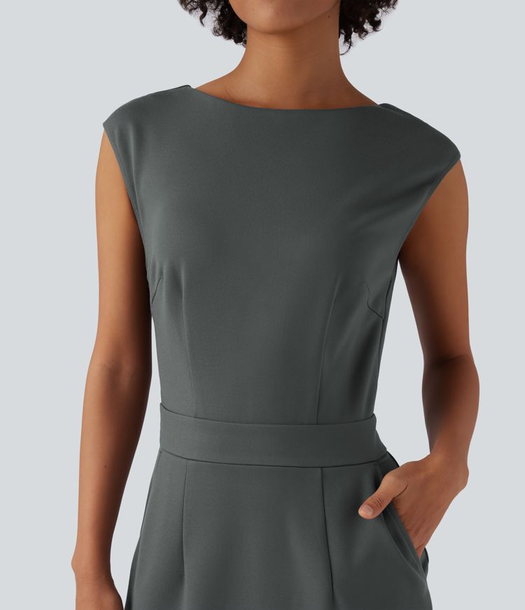 Round Neck Cap Sleeve Midi Work Dress with Pockets