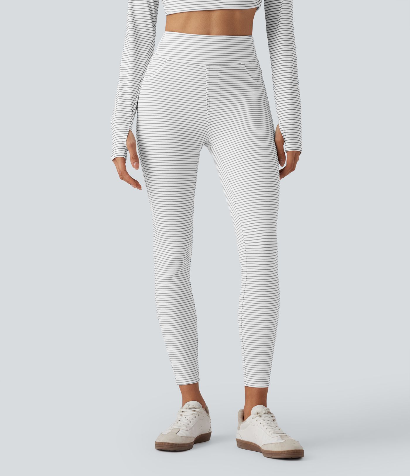 High Waisted Stripes Casual 7/8 Leggings with Pockets