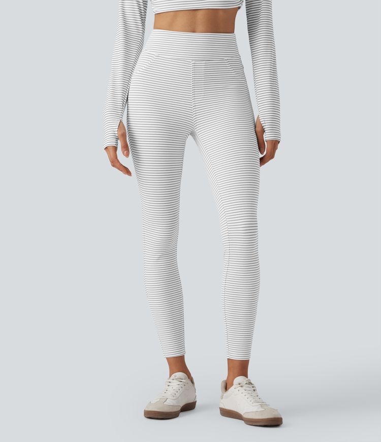 High Waisted Stripes Casual 7/8 Leggings with Pockets