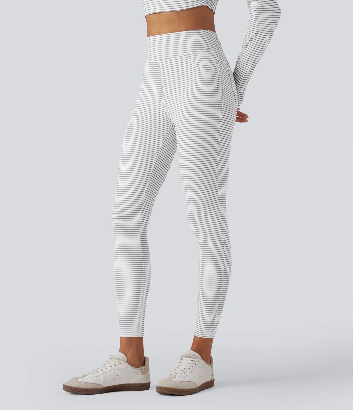 High Waisted Stripes Casual 7/8 Leggings with Pockets