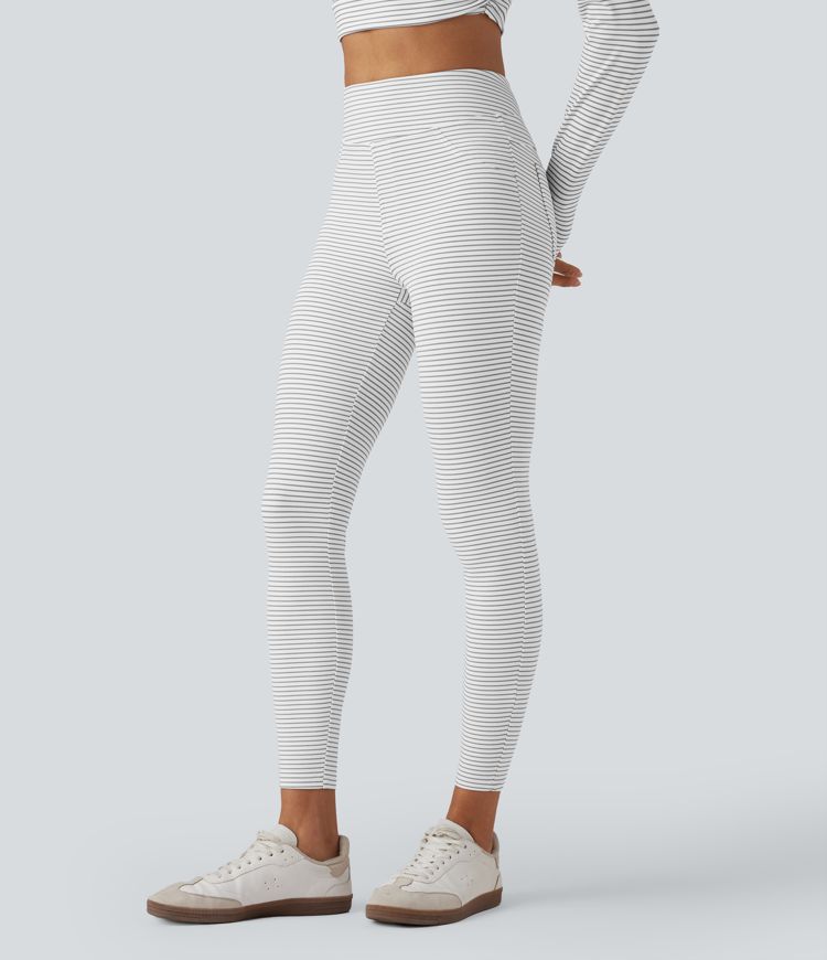 High Waisted Stripes Casual 7/8 Leggings with Pockets
