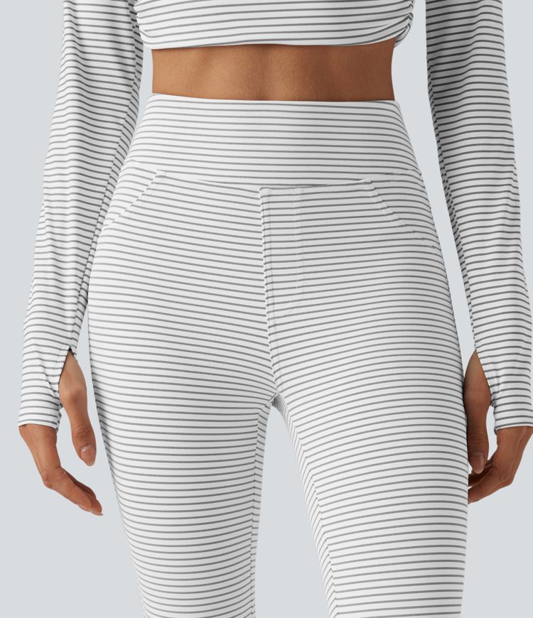 High Waisted Stripes Casual 7/8 Leggings with Pockets