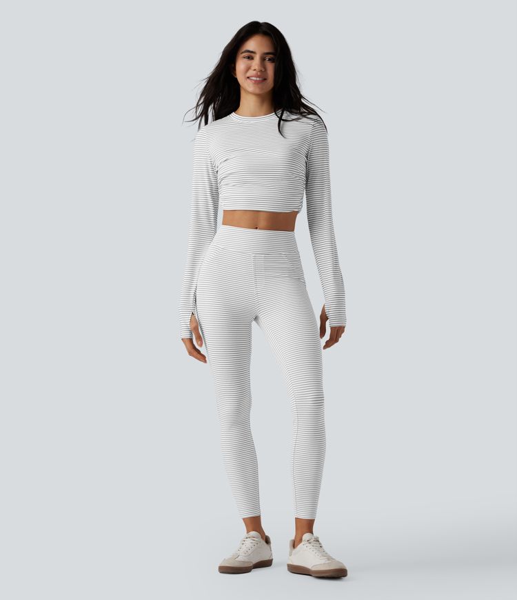 High Waisted Stripes Casual 7/8 Leggings with Pockets