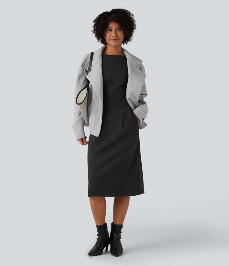 Round Neck Cap Sleeve Midi Work Dress with Pockets