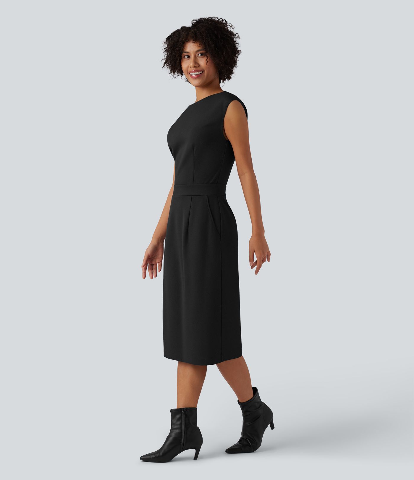 Round Neck Cap Sleeve Midi Work Dress with Pockets