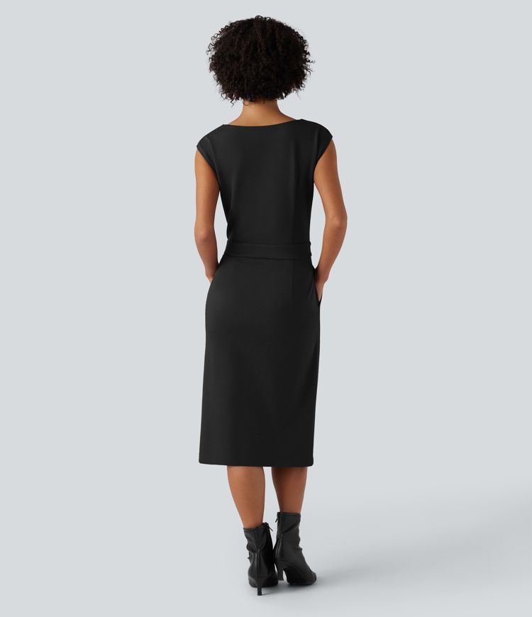 Round Neck Cap Sleeve Midi Work Dress with Pockets