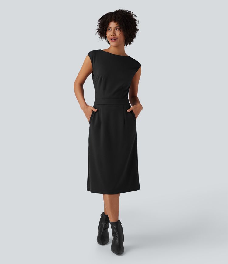 Round Neck Cap Sleeve Midi Work Dress with Pockets