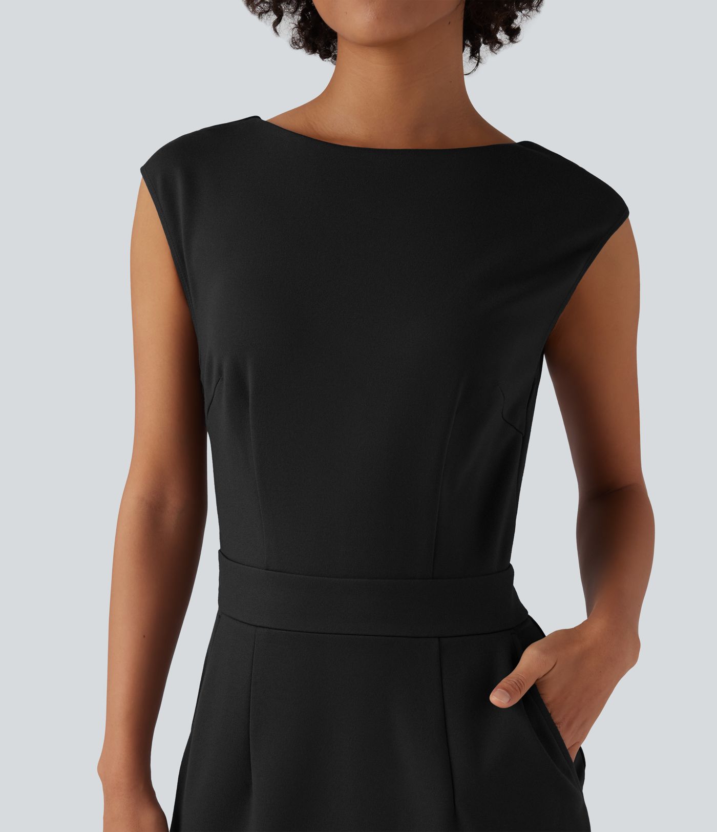 Round Neck Cap Sleeve Midi Work Dress with Pockets