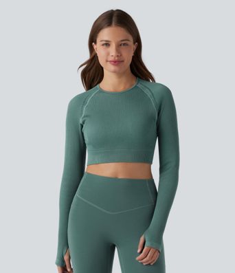 OneForm Seamless Flow Backless Long Sleeve Thumb Holes Cropped Yoga Sports Top