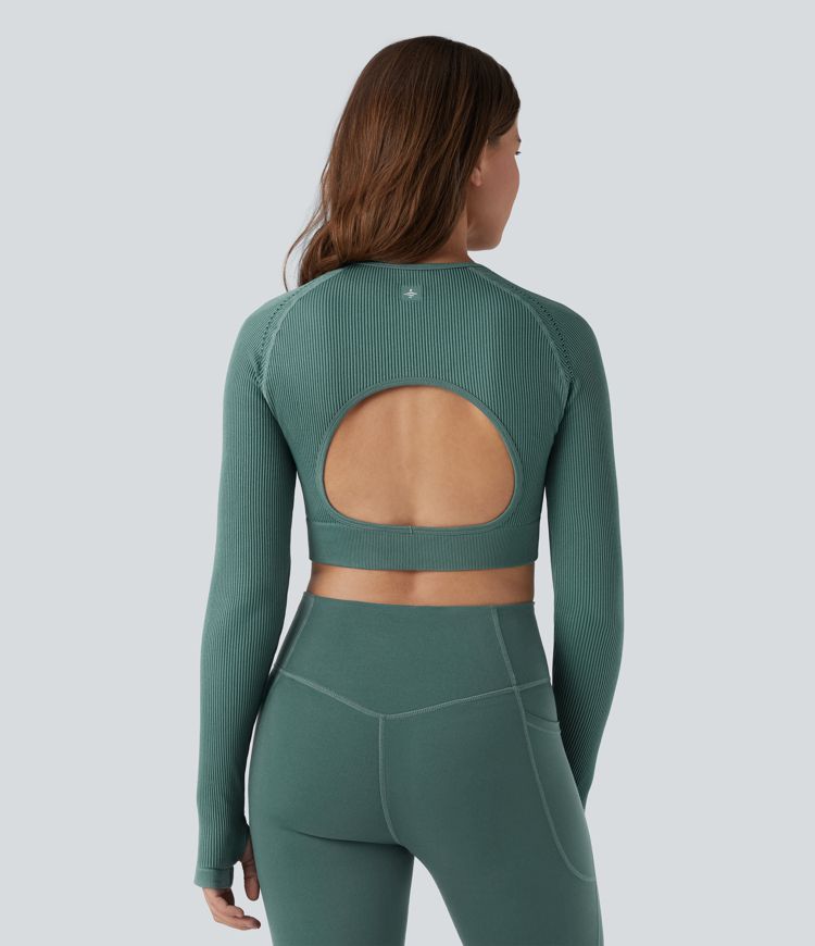 OneForm Seamless Flow Backless Long Sleeve Thumb Holes Cropped Yoga Sports Top