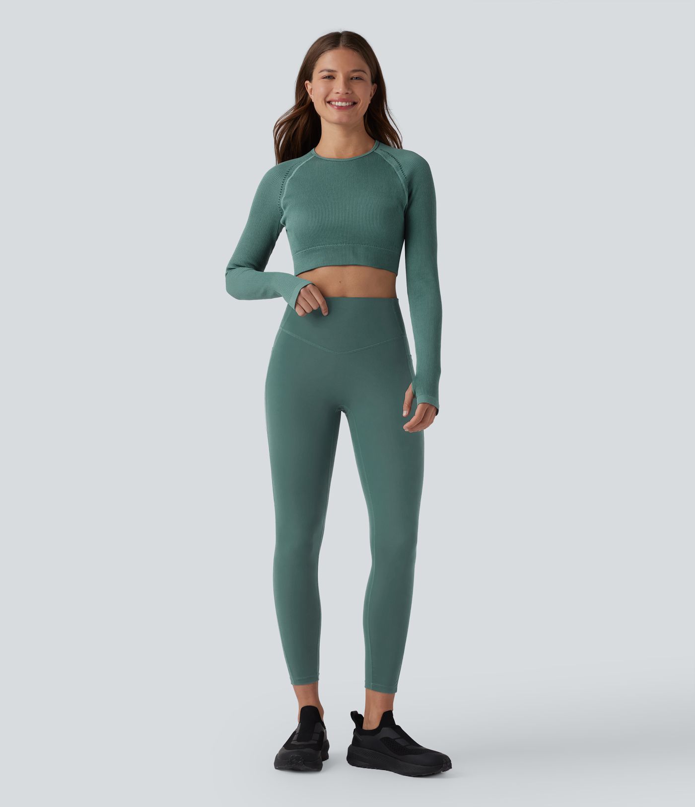OneForm Seamless Flow Backless Long Sleeve Thumb Holes Cropped Yoga Sports Top