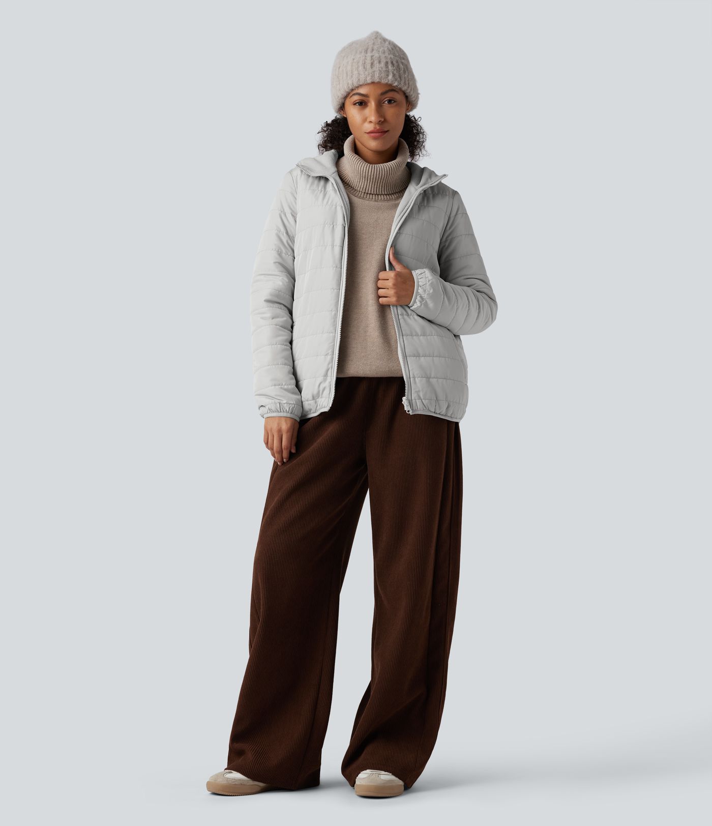 Reversible Hooded Zipper Long Sleeve Fleece Casual Padded Jacket with Pockets (Two Looks in One)