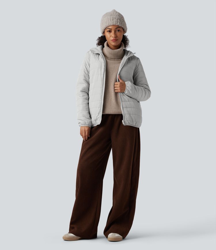 Reversible Hooded Zipper Long Sleeve Fleece Casual Padded Jacket with Pockets (Two Looks in One)