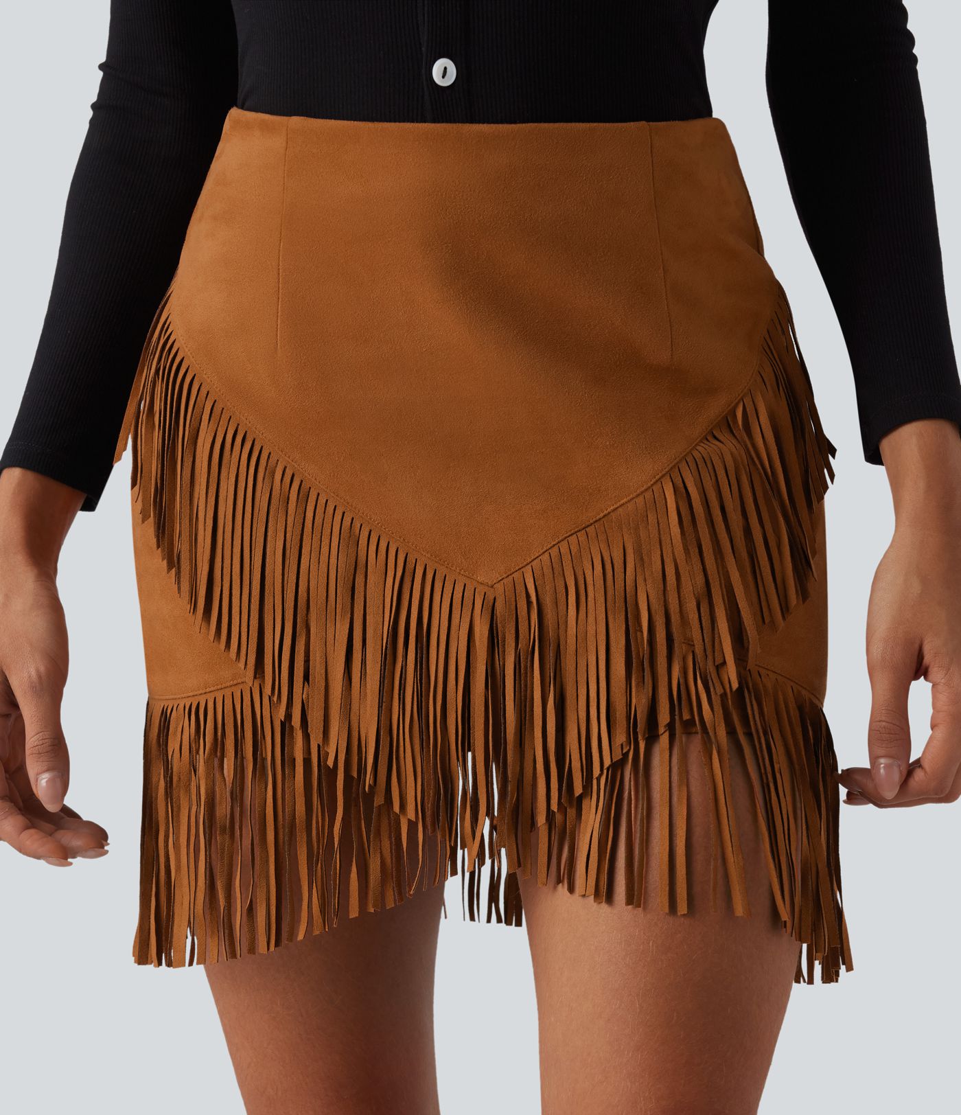 High Waisted 2-in-1 Fringe Hem Bodycon Mini Suede Casual Skirt